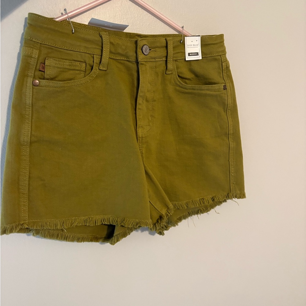 Judy Blue Green Jean Shorts High-Waisted Raw Hem